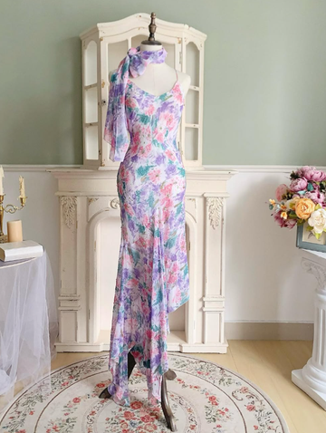 Purple Vintage Mermaid Spaghetti Strap Beaded Print Floral Chiffon Party Dress Prom Dress HZ1023